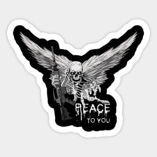 A skeleton with a machine gun. Peace to you! Sticker